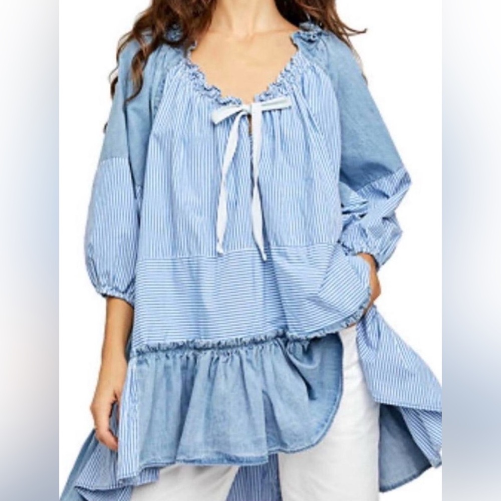 Free People Keegan Tunic Dress Blue White Ruffled-Hem Patchwork Denim Stripe